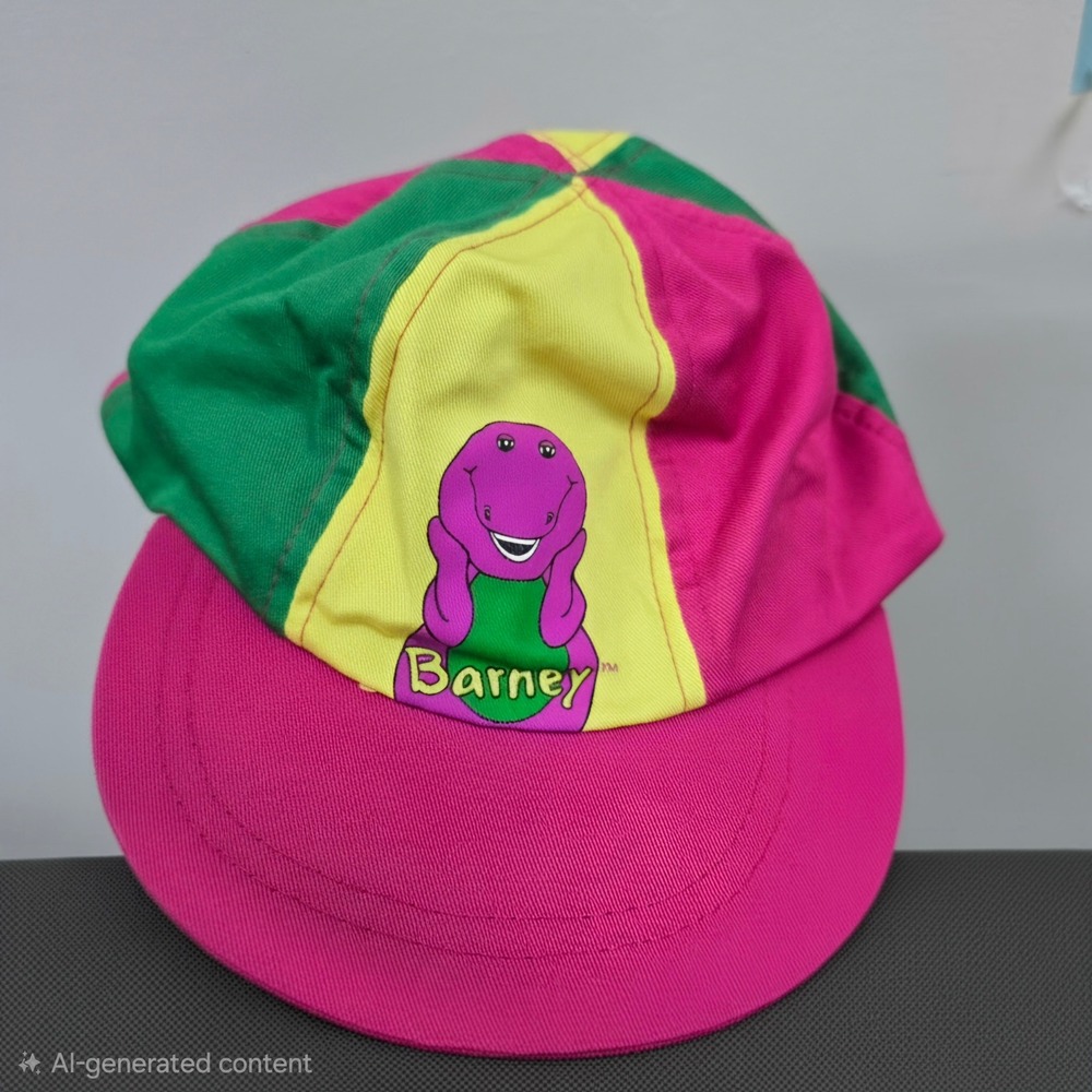 Vintage 1992 Barney the Dinosaur Colorblock Hat Pink Green Yellow Youth 4/6X